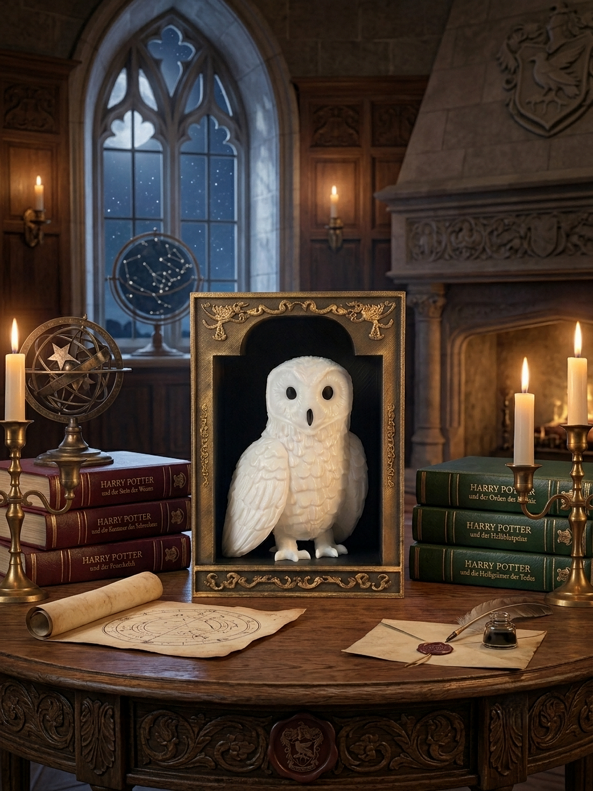 Die Zauberereule: Schnee-Eule Book Nook im antiken Zierrahmen – Magische Regaldekoration