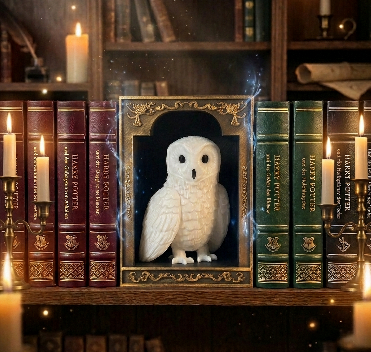 Die Zauberereule: Schnee-Eule Book Nook im antiken Zierrahmen – Magische Regaldekoration